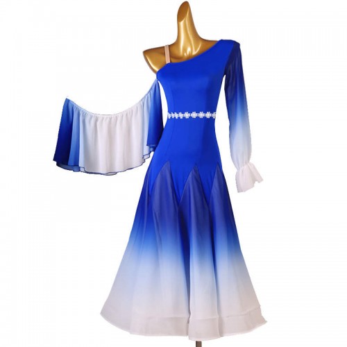 Women girls royal blue gradient color ballroom dance dresses one inclinded should one ruffles sleeves waltz tango foxtort smooth dance dress
